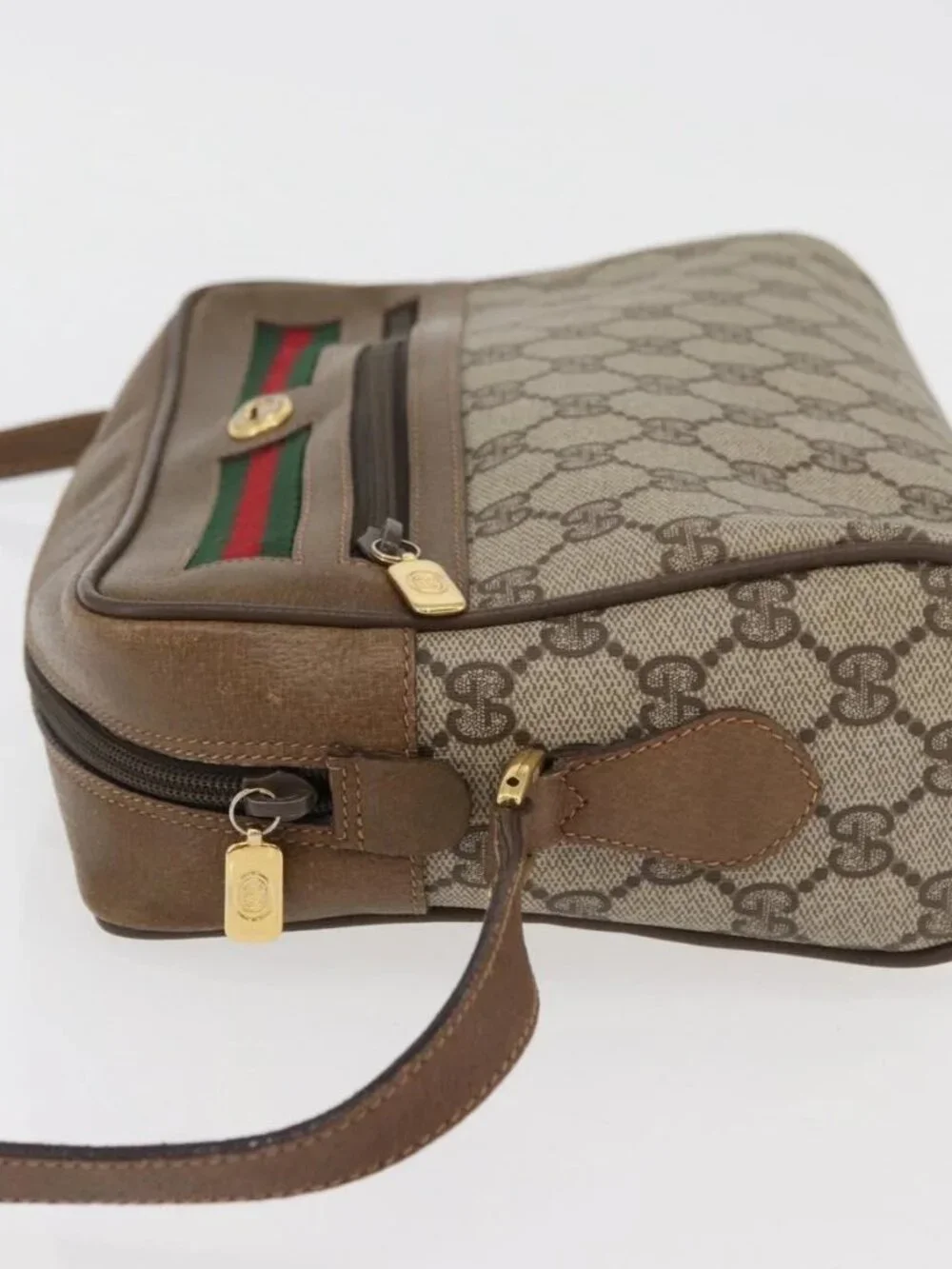 GUCCI GG Supreme Web Sherry Line Bag PVC Beige Gold 119 02 088 Auth